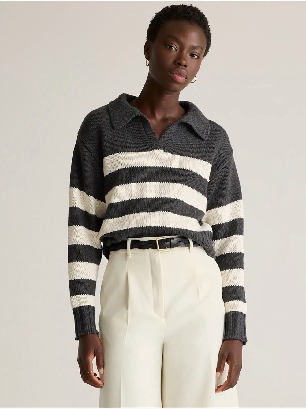 Quince 100% Organic Cotton Cropped Polo  Gray Charcoal & Cream Knit Sweater